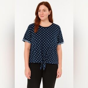 Elodie Blue White Cuffed Sleeve Tie Front Tee
